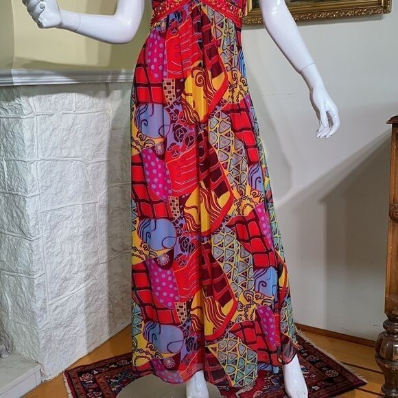 Sue Wong Beaded Printed Silk Chiffon Maxi Dress - Picture 6 of 16